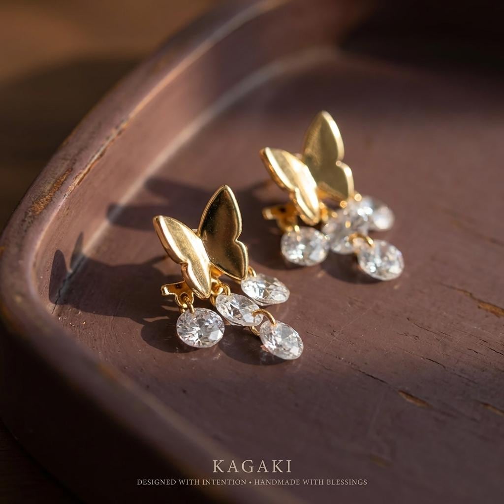 KAGAKI butterfly crystal drop earrings in gold with clear crystal, gift packaging, for daily wear and gifting