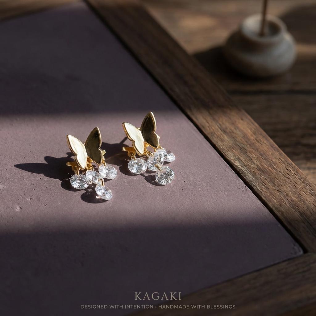 KAGAKI butterfly crystal drop earrings in gold with clear crystal, main, for daily wear and gifting