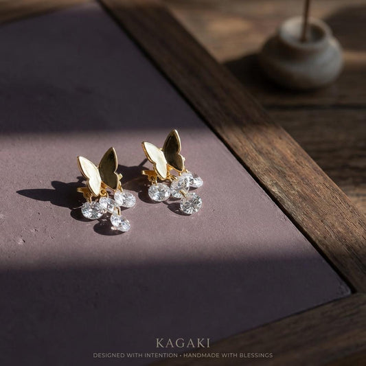 KAGAKI butterfly crystal drop earrings in gold with clear crystal, main, for daily wear and gifting