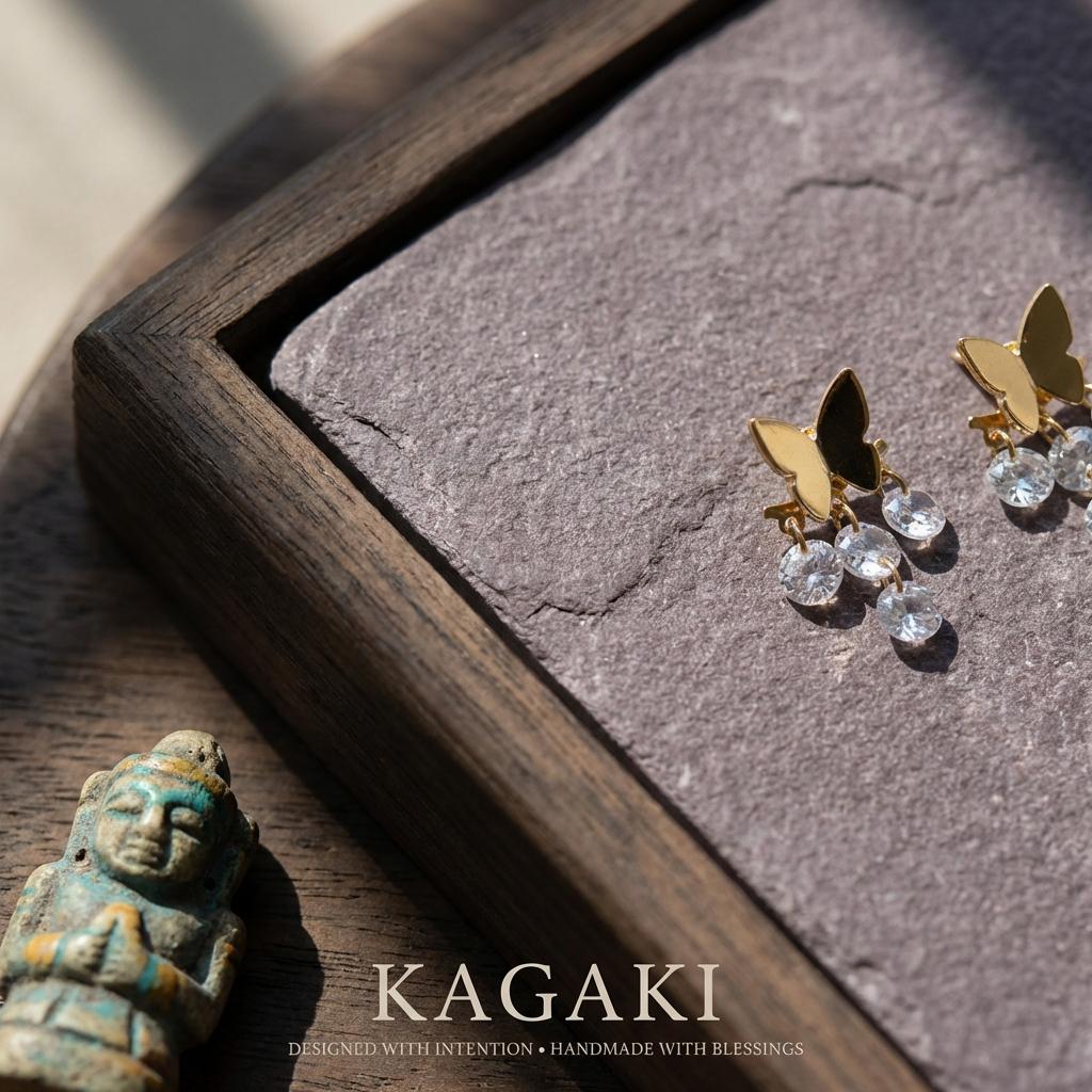 KAGAKI butterfly crystal drop earrings in gold with clear crystal, material detail, for daily wear and gifting