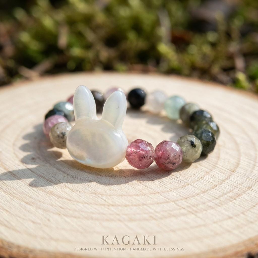KAGAKI cat bunny clear quartz crystal ring in clear quartz with mother-of-pearl, flat lay, for daily wear and gifting