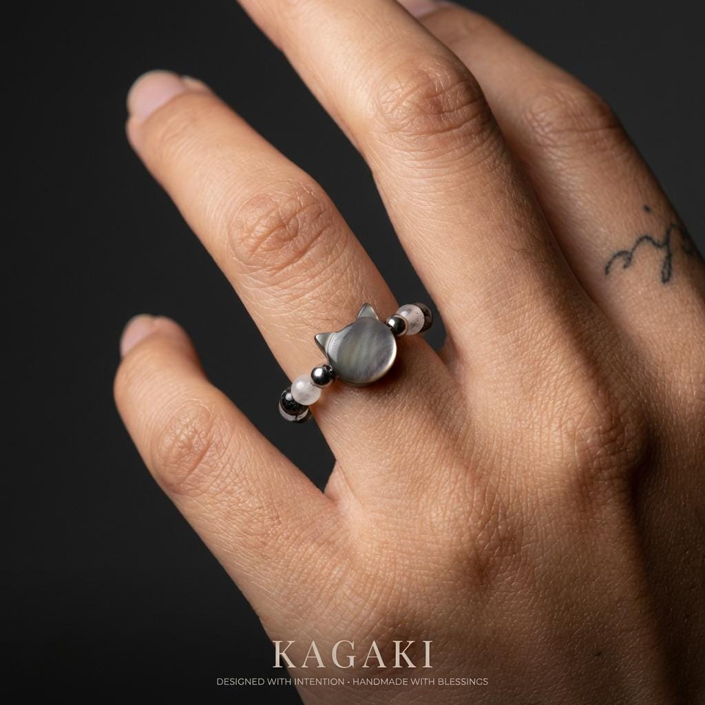 KAGAKI cat bunny clear quartz crystal ring in clear quartz with mother-of-pearl, on finger, for daily wear and gifting