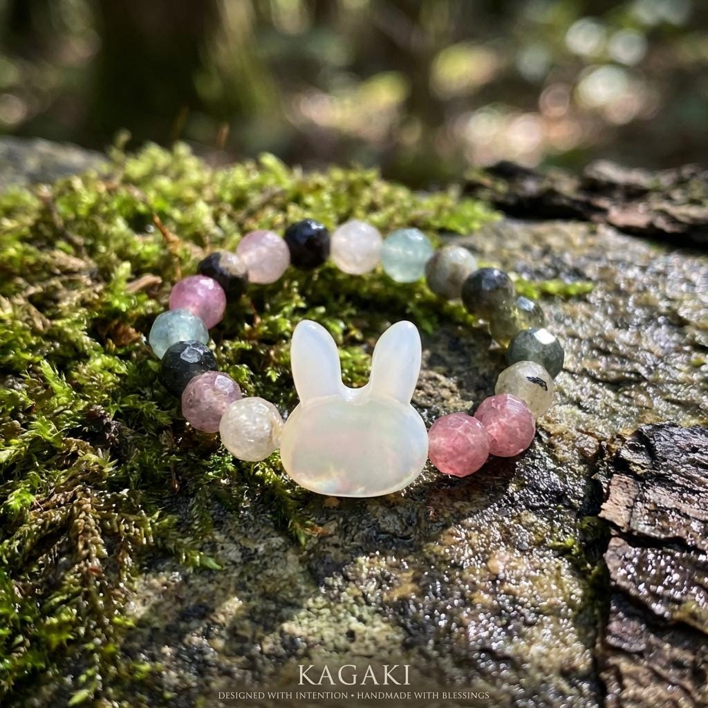 KAGAKI cat bunny clear quartz crystal ring in clear quartz with mother-of-pearl, profile view, for daily wear and gifting