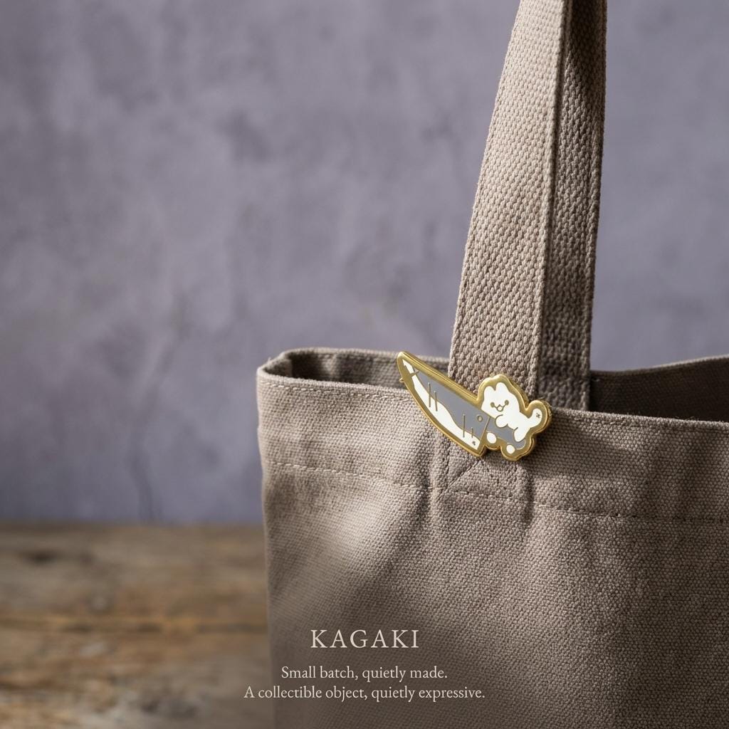 KAGAKI cat knife enamel pin in soft pastel with gold outline, back clasp, for daily wear and gifting