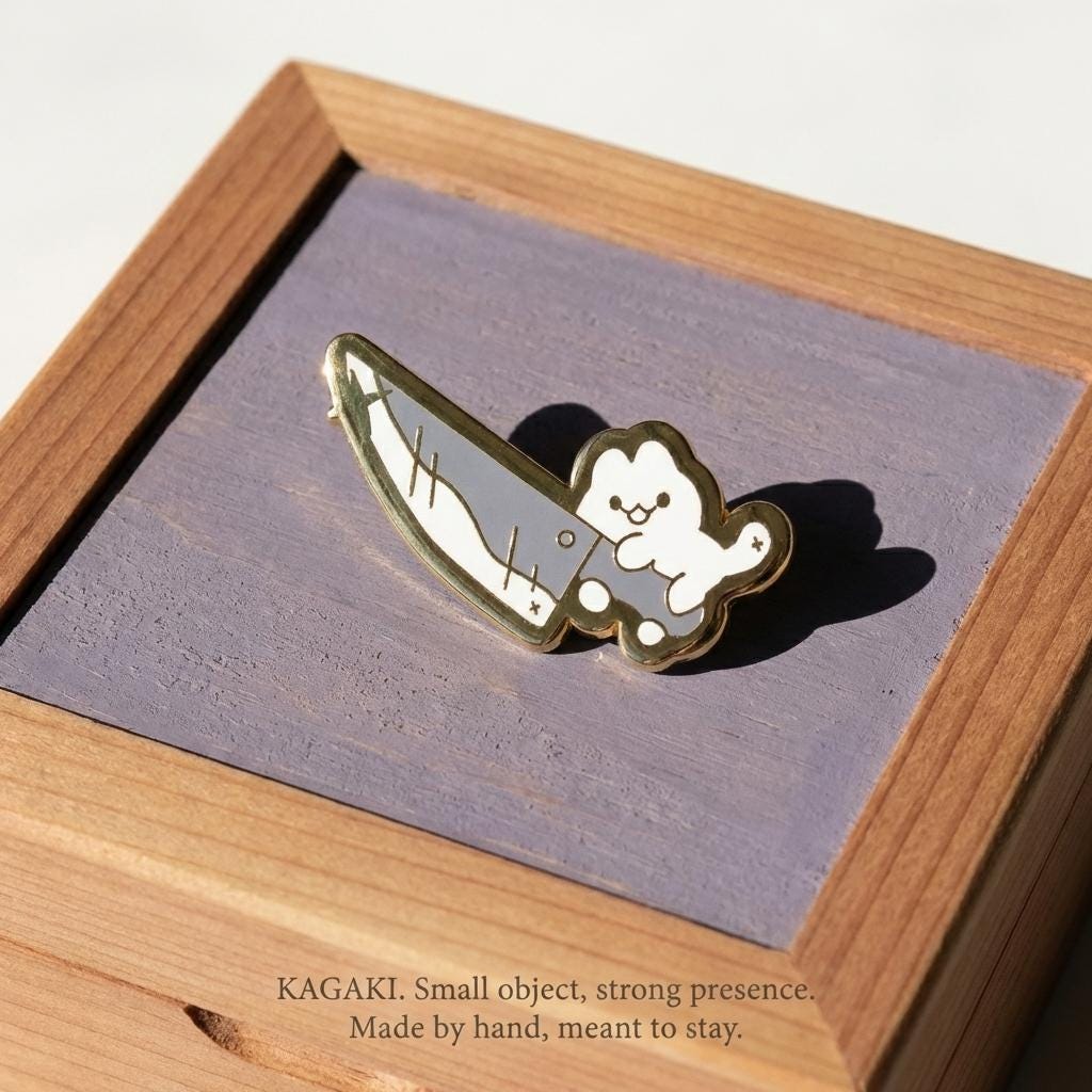 KAGAKI cat knife enamel pin in soft pastel with gold outline, detail, for daily wear and gifting