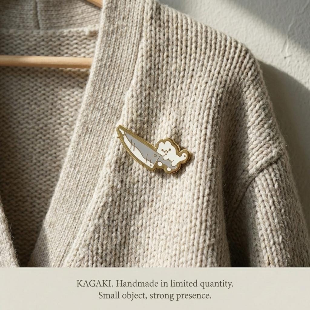 KAGAKI cat knife enamel pin in soft pastel with gold outline, flat lay, for daily wear and gifting