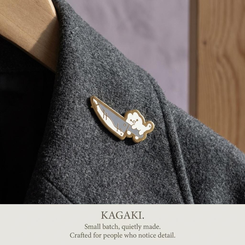 KAGAKI cat knife enamel pin in soft pastel with gold outline, gift packaging, for daily wear and gifting