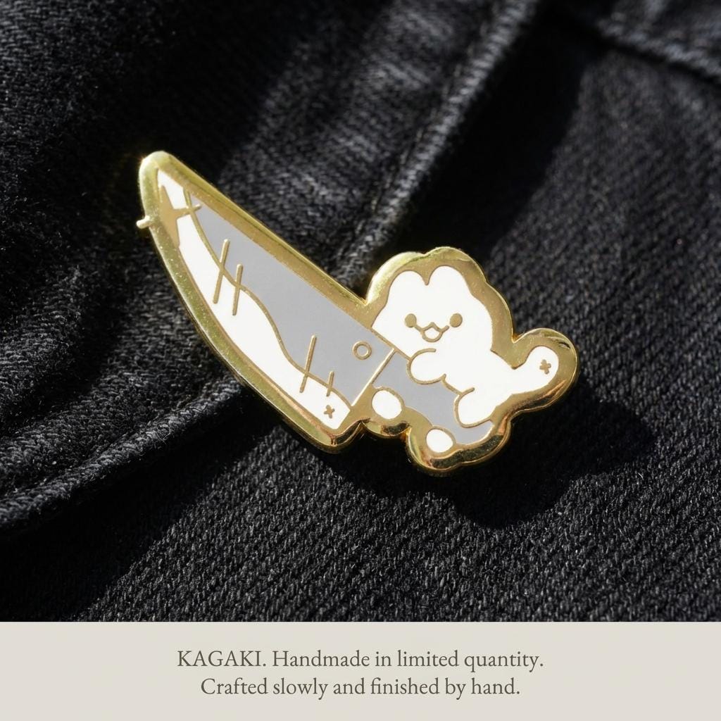 KAGAKI cat knife enamel pin in soft pastel with gold outline, main, for daily wear and gifting