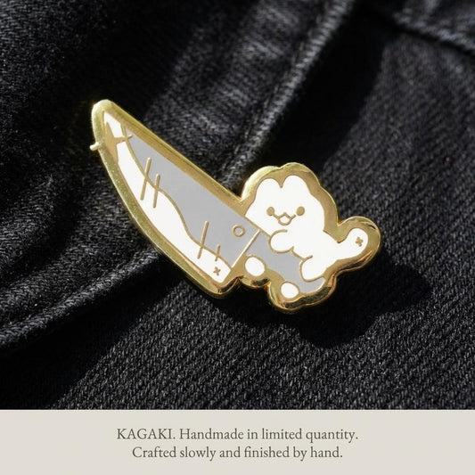 KAGAKI cat knife enamel pin in soft pastel with gold outline, main, for daily wear and gifting
