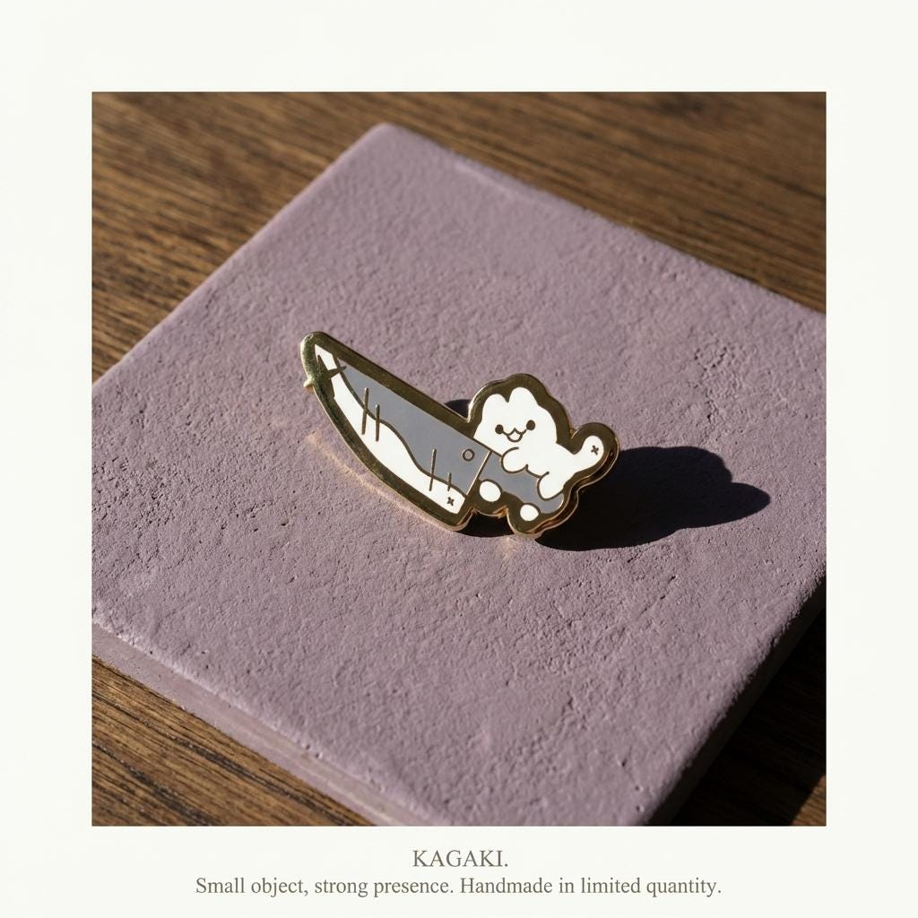 KAGAKI cat knife enamel pin in soft pastel with gold outline, styling, for daily wear and gifting