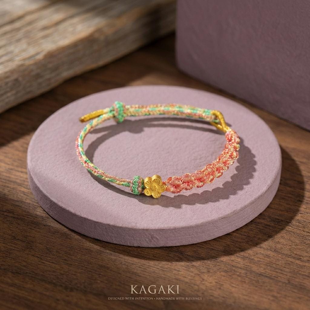 KAGAKI cherry-blossom sakura bracelet in soft pink handwoven cord with floral knot, top-down editorial flat-lay view, for renewal and gentle protection