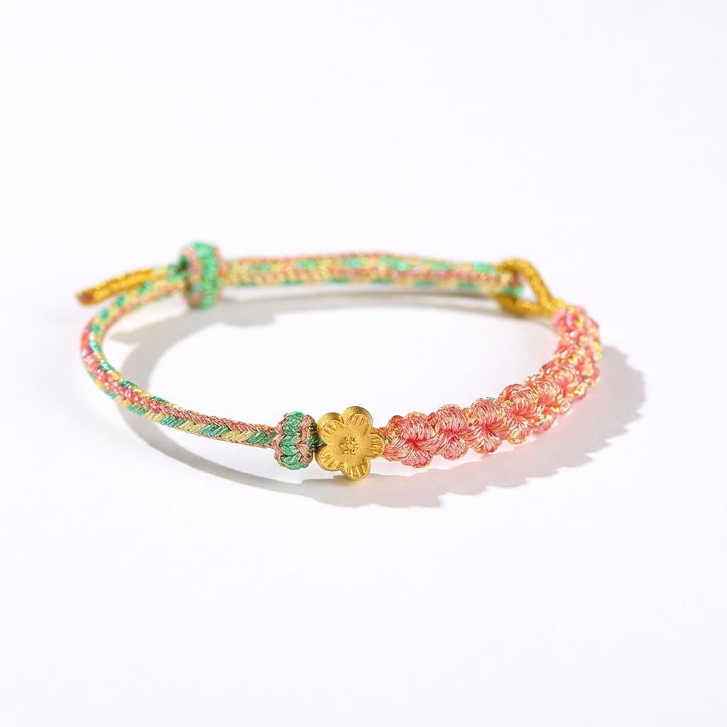 KAGAKI cherry-blossom sakura bracelet in soft pink handwoven cord with floral knot, handmade gift packaging presentation, for renewal and gentle protection