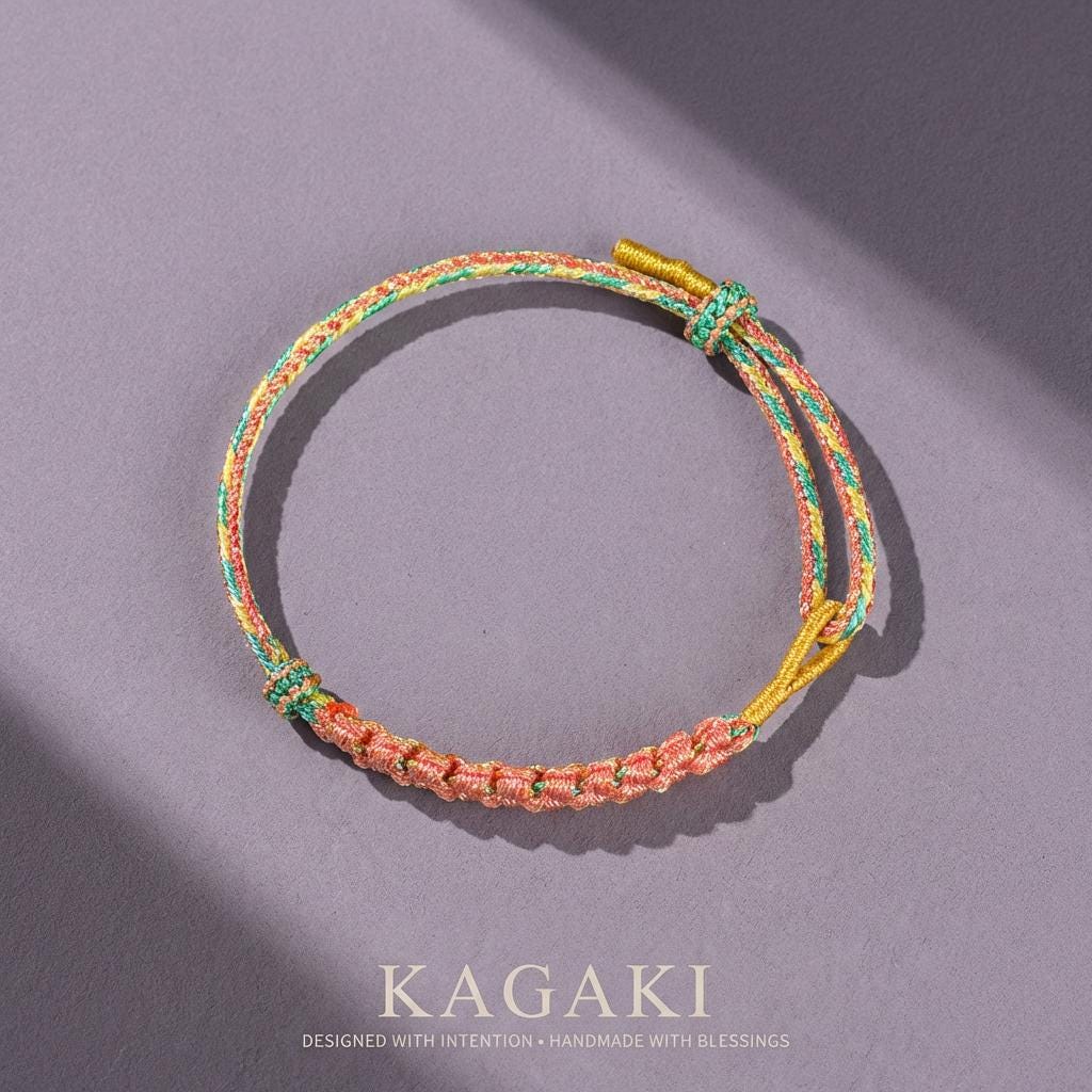 KAGAKI cherry-blossom sakura bracelet in soft pink handwoven cord with floral knot, close-up handwoven knot detail, for renewal and gentle protection