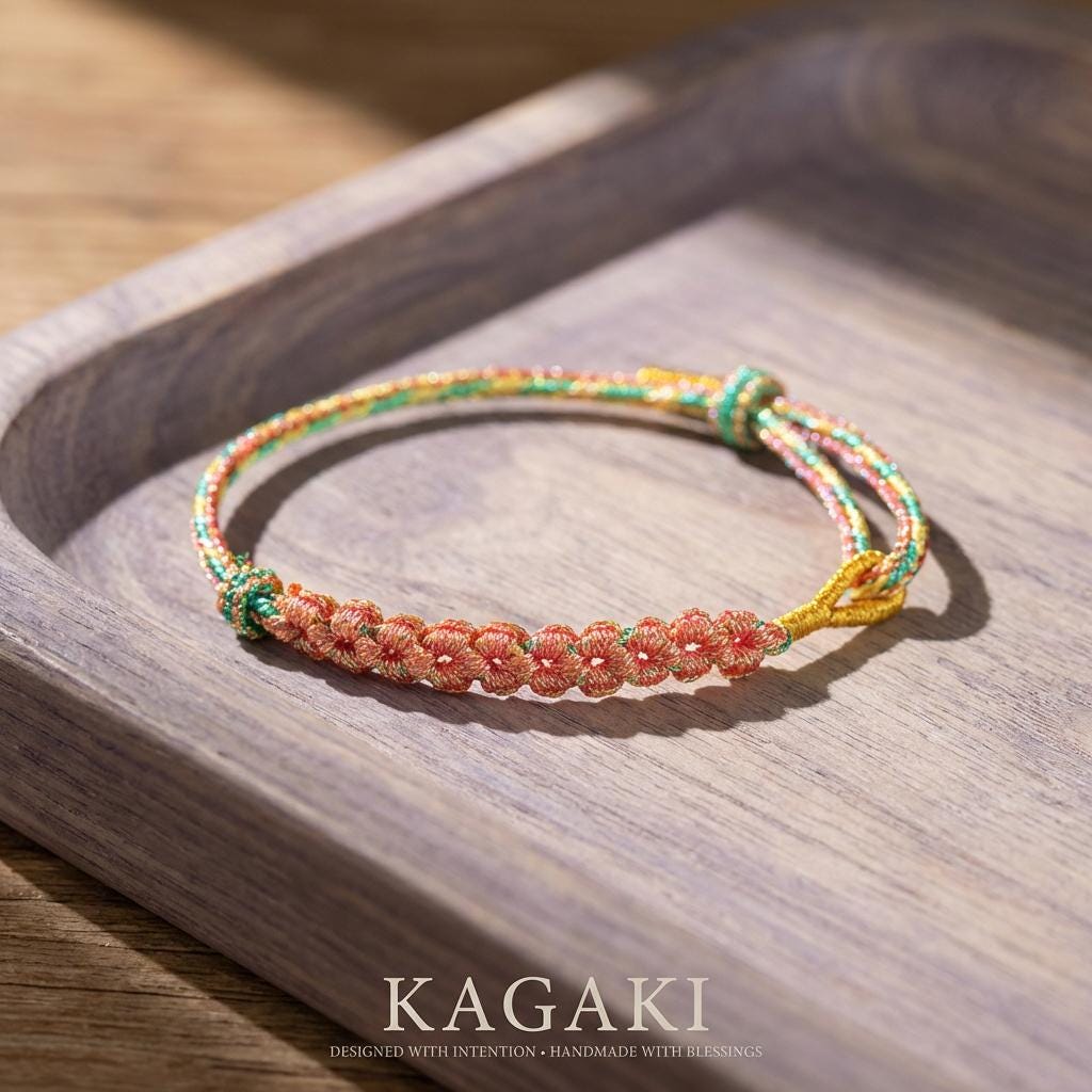 KAGAKI cherry-blossom sakura bracelet in soft pink handwoven cord with floral knot, main product view, for renewal and gentle protection