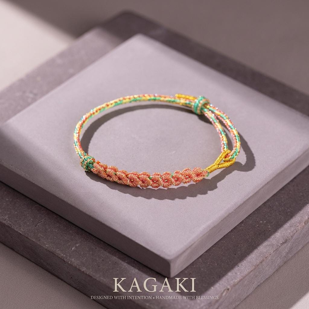 KAGAKI cherry-blossom sakura bracelet in soft pink handwoven cord with floral knot, lifestyle on-wrist styling shot, for renewal and gentle protection