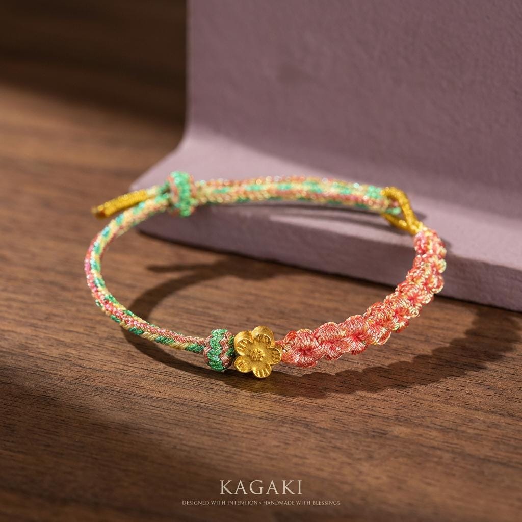 KAGAKI cherry-blossom sakura bracelet in soft pink handwoven cord with floral knot, packaging close-up detail, for renewal and gentle protection