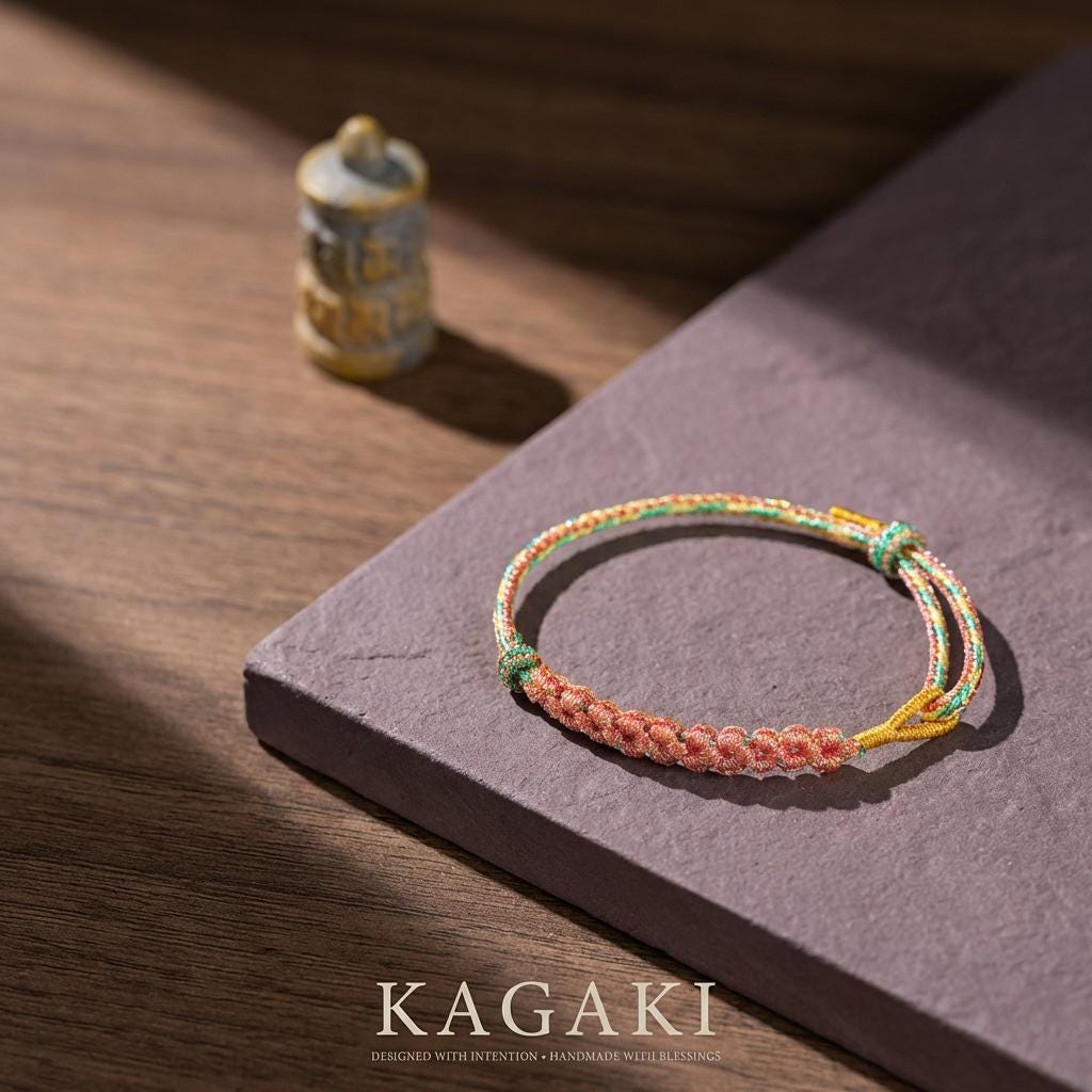 KAGAKI cherry-blossom sakura bracelet in soft pink handwoven cord with floral knot, scale reference shown on hand, for renewal and gentle protection