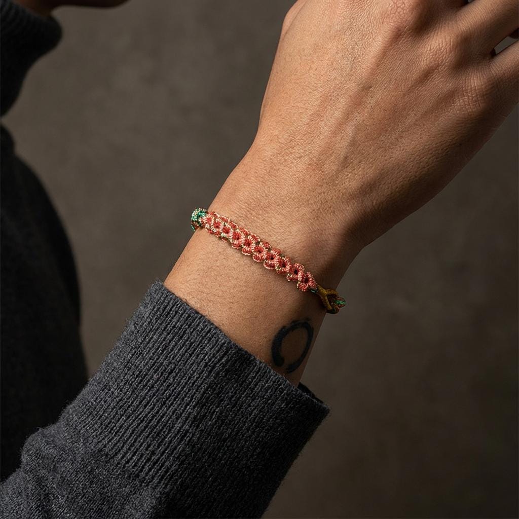 KAGAKI cherry-blossom sakura bracelet in soft pink handwoven cord with floral knot, color variation showcase, for renewal and gentle protection