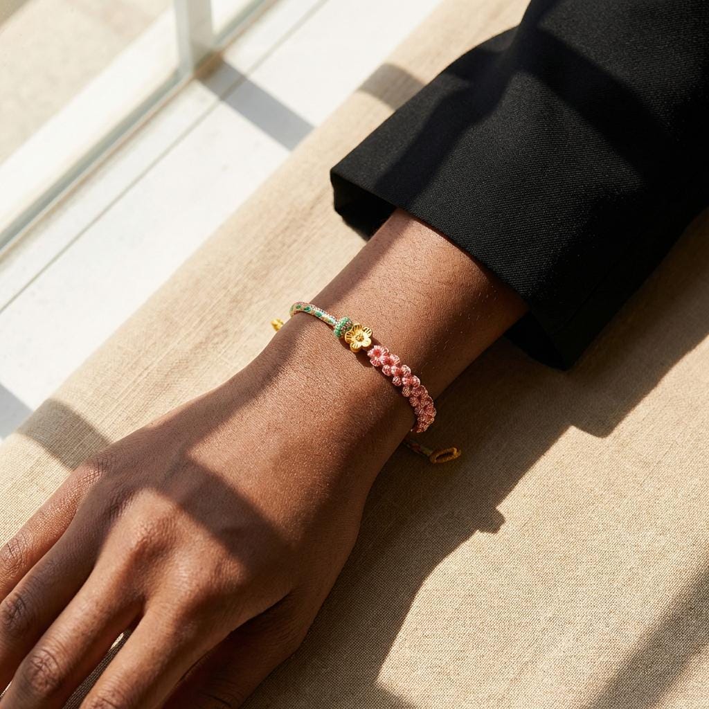 KAGAKI cherry-blossom sakura bracelet in soft pink handwoven cord with floral knot, cord weave texture detail, for renewal and gentle protection