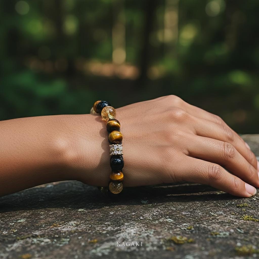 KAGAKI citrine tiger eye protection bracelet in golden citrine, tiger-eye, smoky quartz, alternate angle, for meditation and daily intention