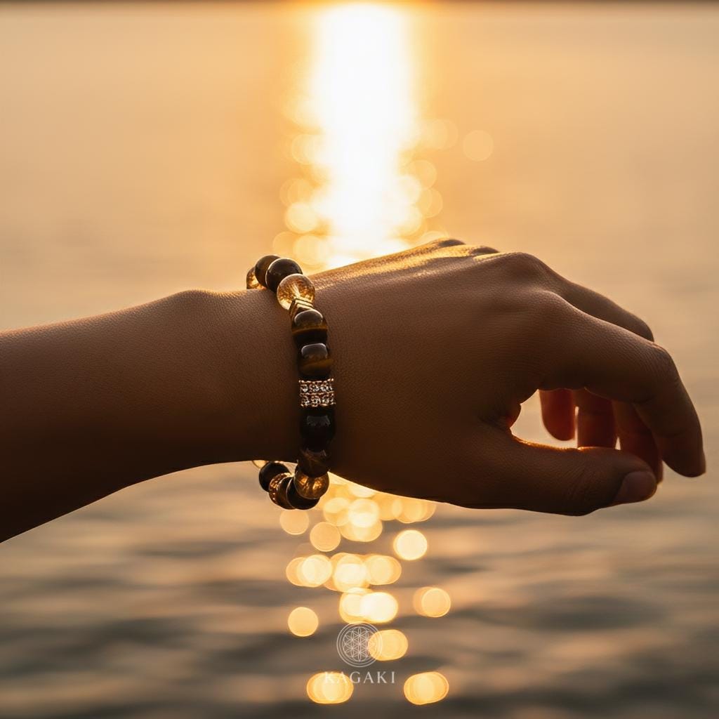 KAGAKI citrine tiger eye protection bracelet in golden citrine, tiger-eye, smoky quartz, bead detail, for meditation and daily intention