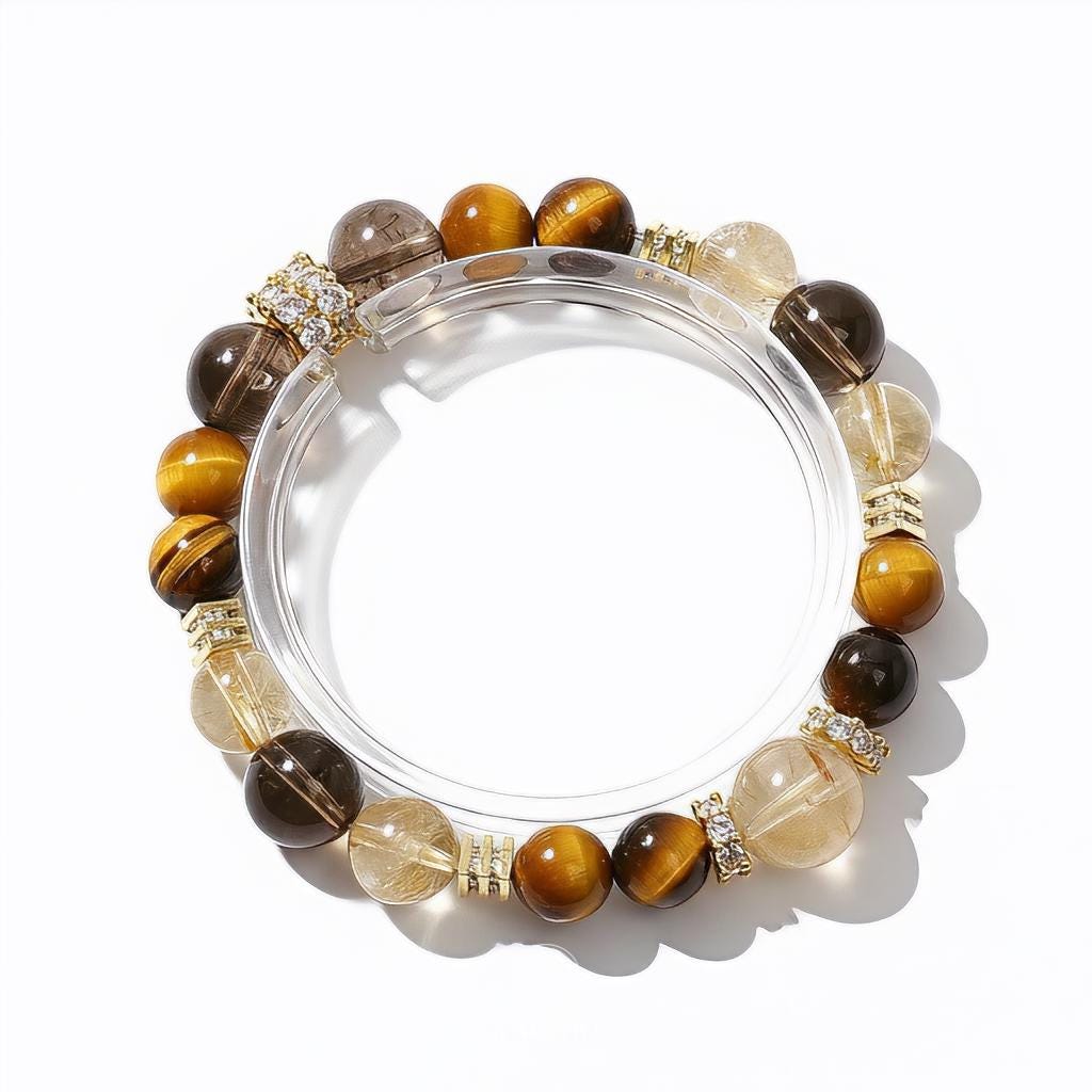 KAGAKI citrine tiger eye protection bracelet in golden citrine, tiger-eye, smoky quartz, flat lay, for meditation and daily intention