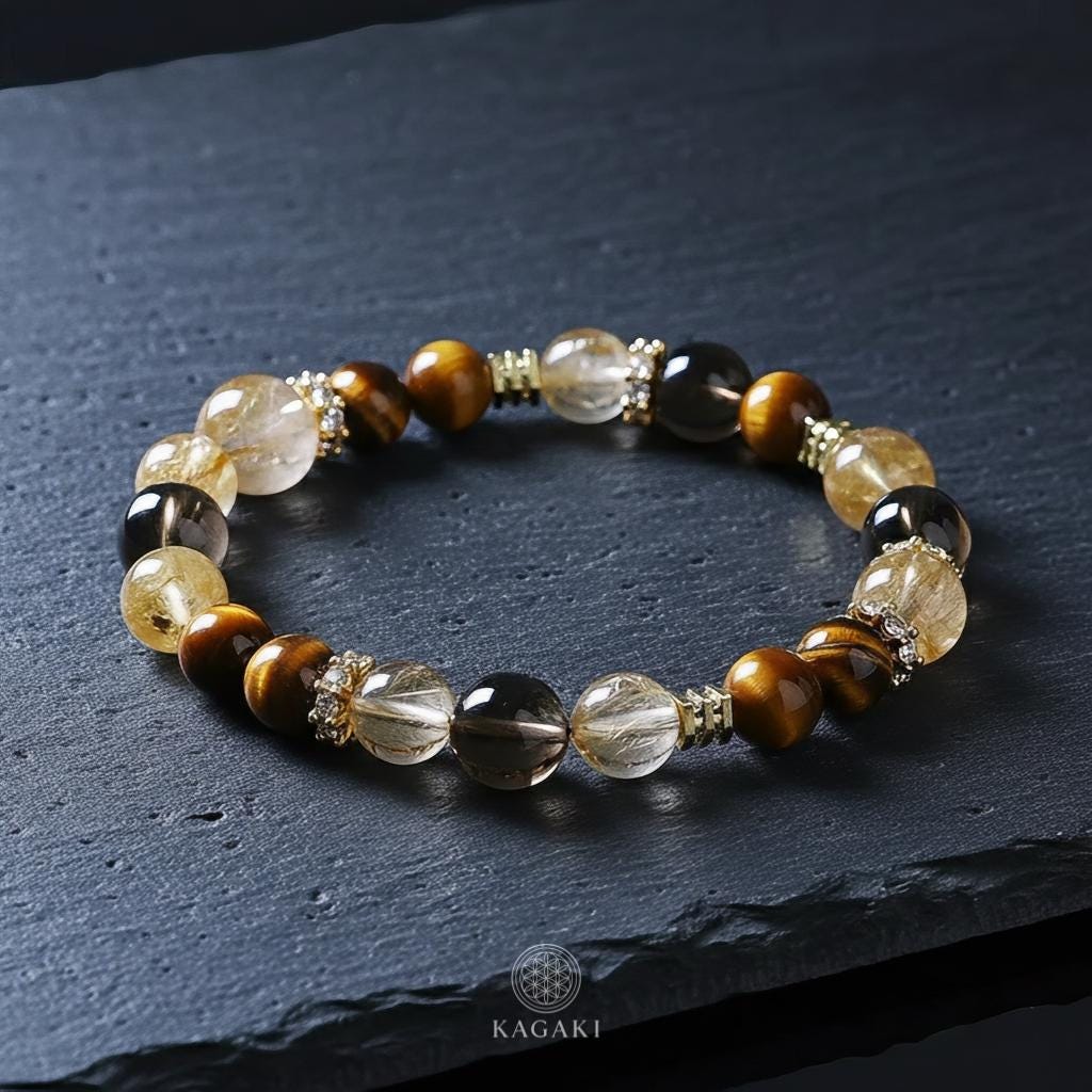 KAGAKI citrine tiger eye protection bracelet in golden citrine, tiger-eye, smoky quartz, on wrist, for meditation and daily intention