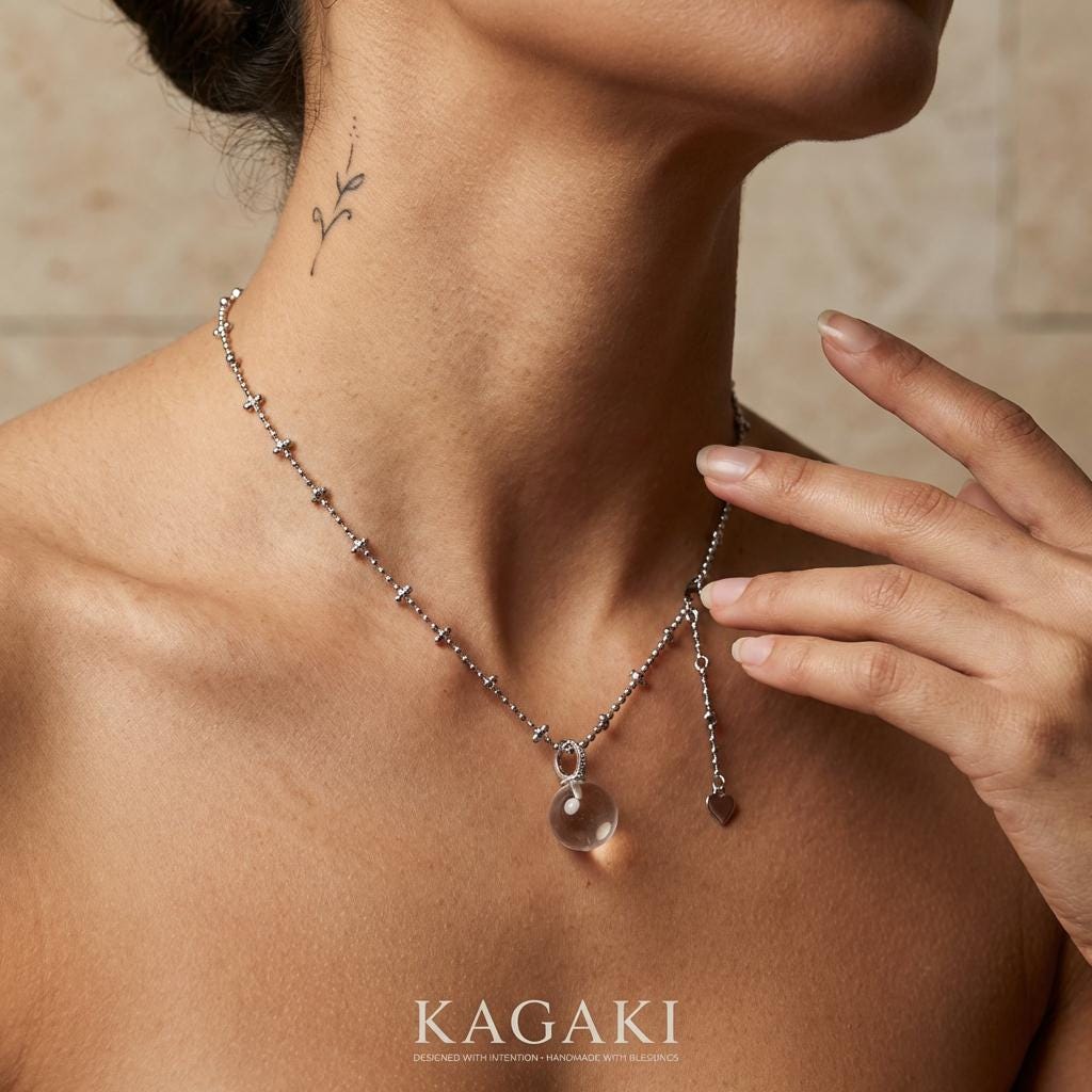 KAGAKI clear quartz crystal pendant necklace in clear quartz white sphere, on neck, for daily wear and gifting