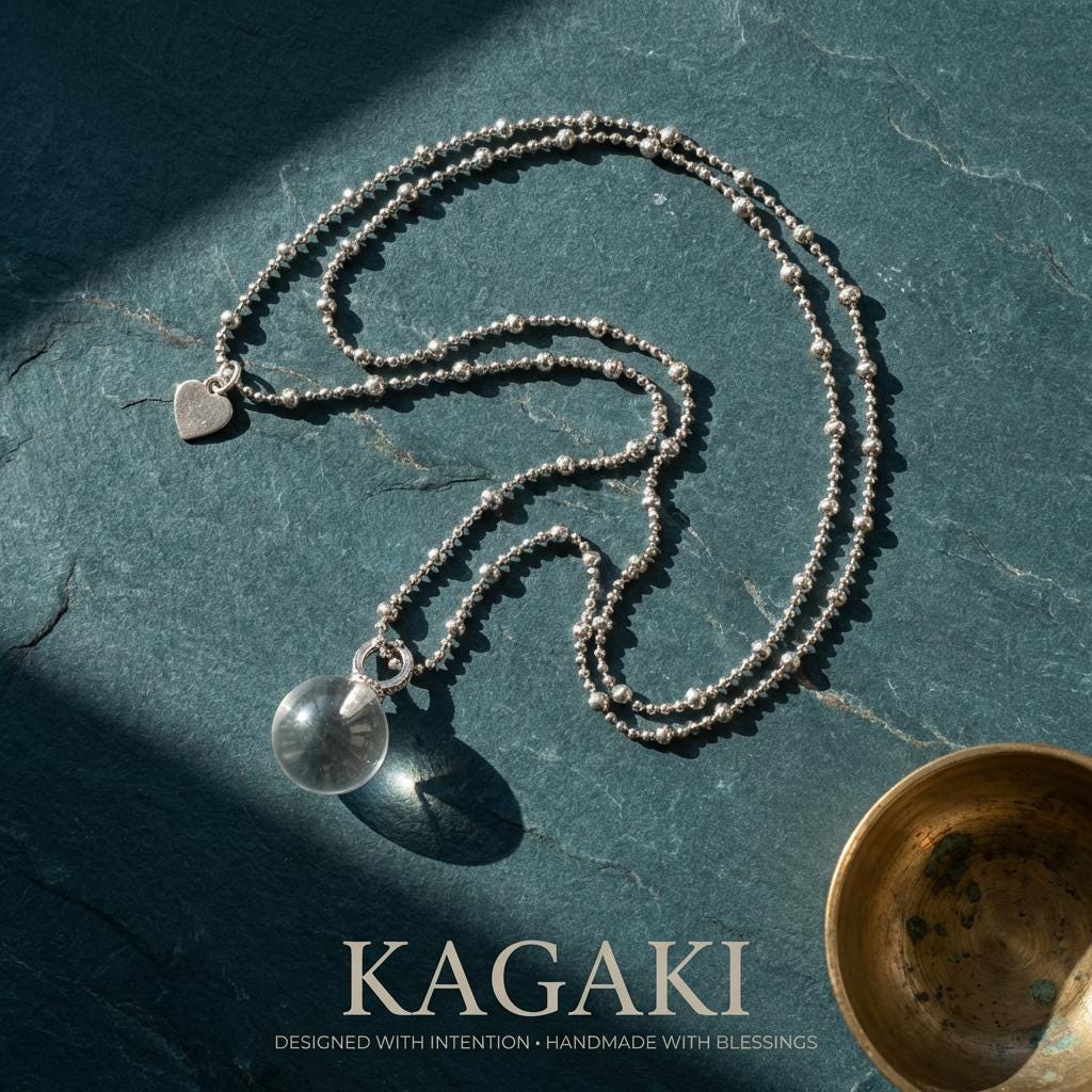 KAGAKI clear quartz crystal pendant necklace in clear quartz white sphere, pendant detail, for daily wear and gifting