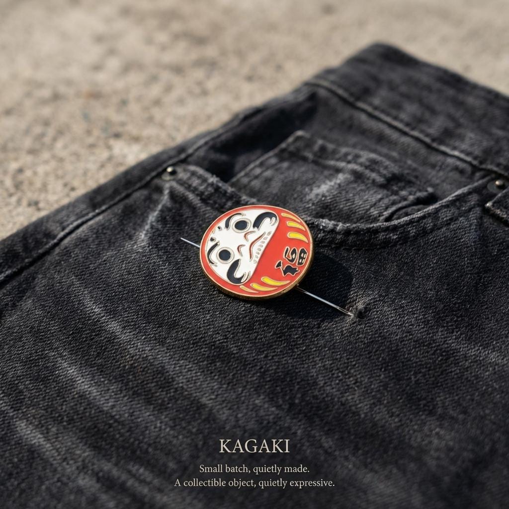 KAGAKI daruma lucky enamel pin in classic Daruma red and gold, back clasp, for daily wear and gifting