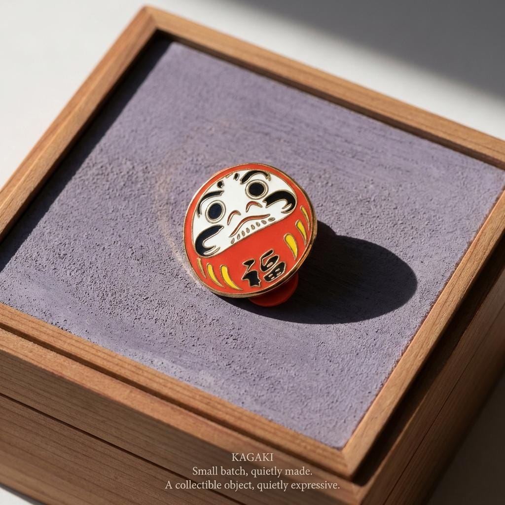 KAGAKI daruma lucky enamel pin in classic Daruma red and gold, gift packaging, for daily wear and gifting