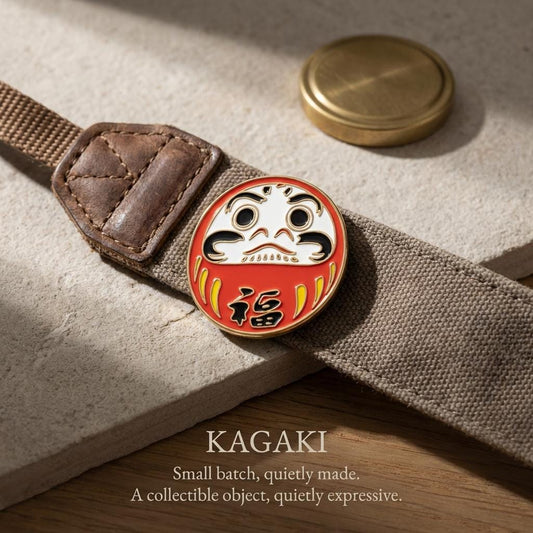 KAGAKI daruma lucky enamel pin in classic Daruma red and gold, main, for daily wear and gifting