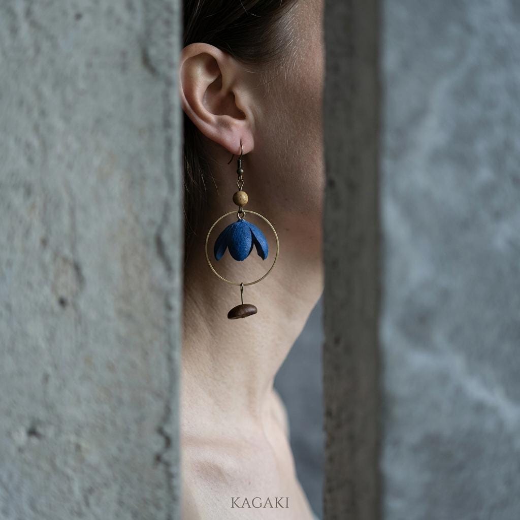 KAGAKI dried flower botanical earrings in natural floral tones, on ear, for daily wear and gifting