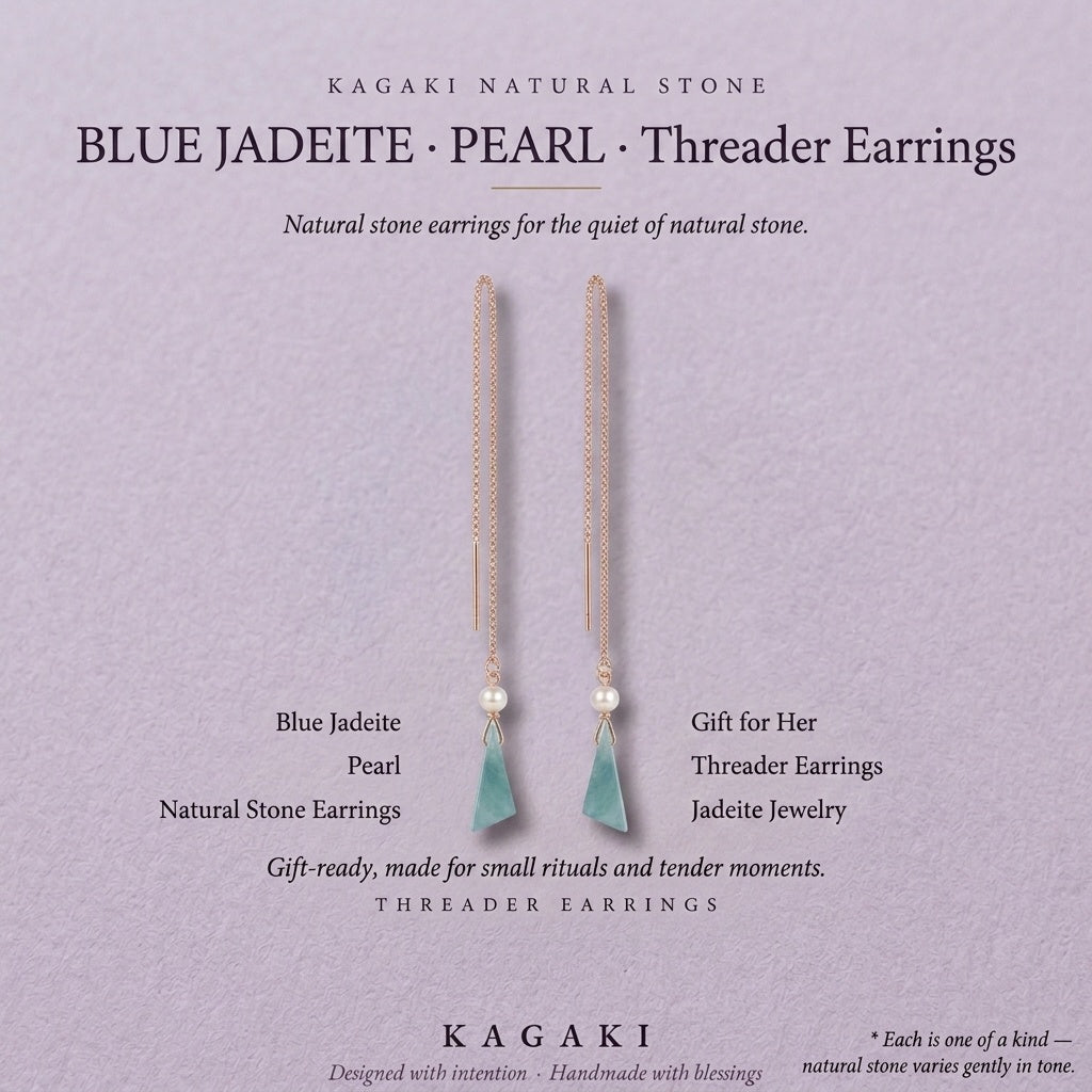 KAGAKI Ripple blue jadeite pearl threader earrings, editorial text card, handmade threader earrings