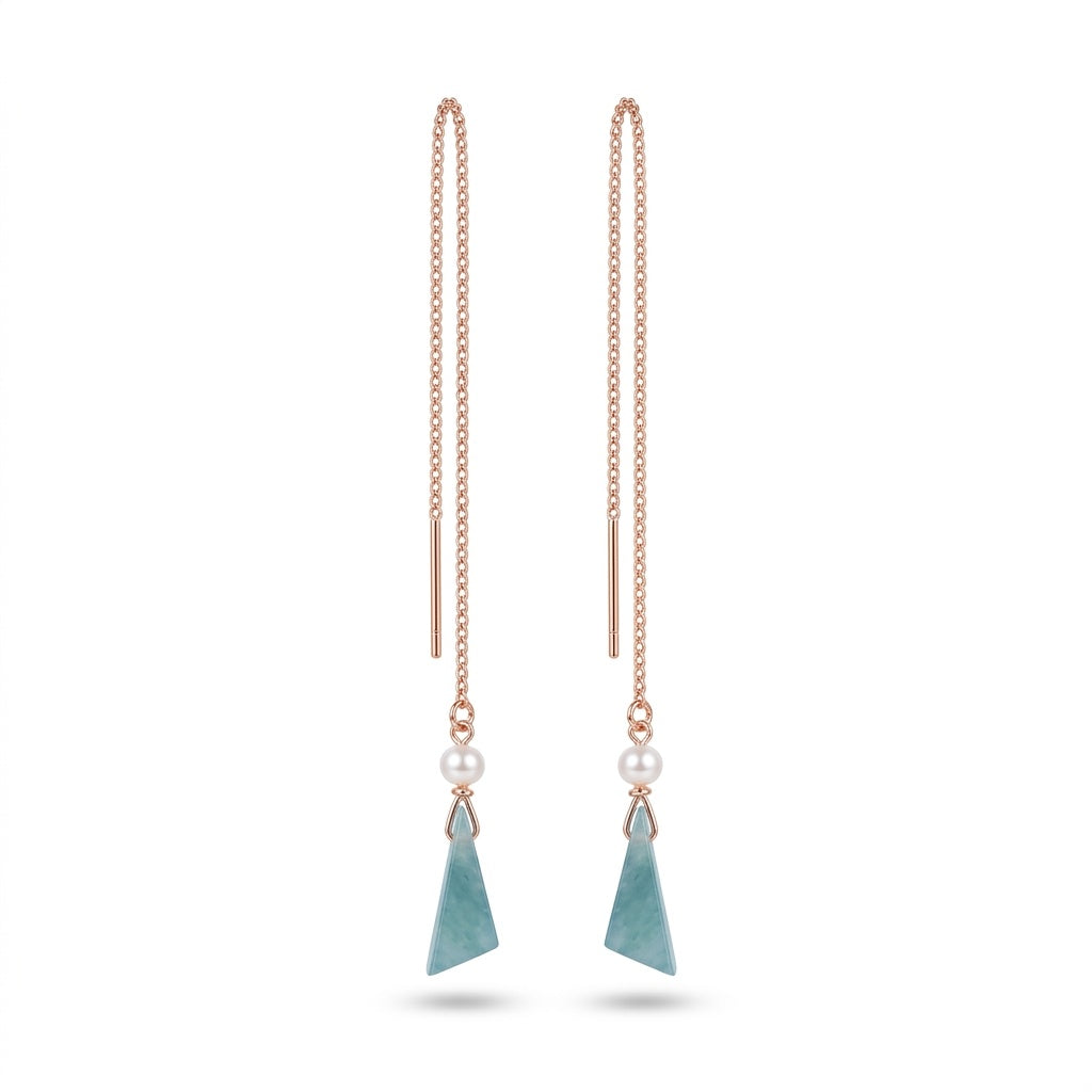 KAGAKI Ripple blue jadeite pearl threader earrings, white background product view, handmade threader earrings