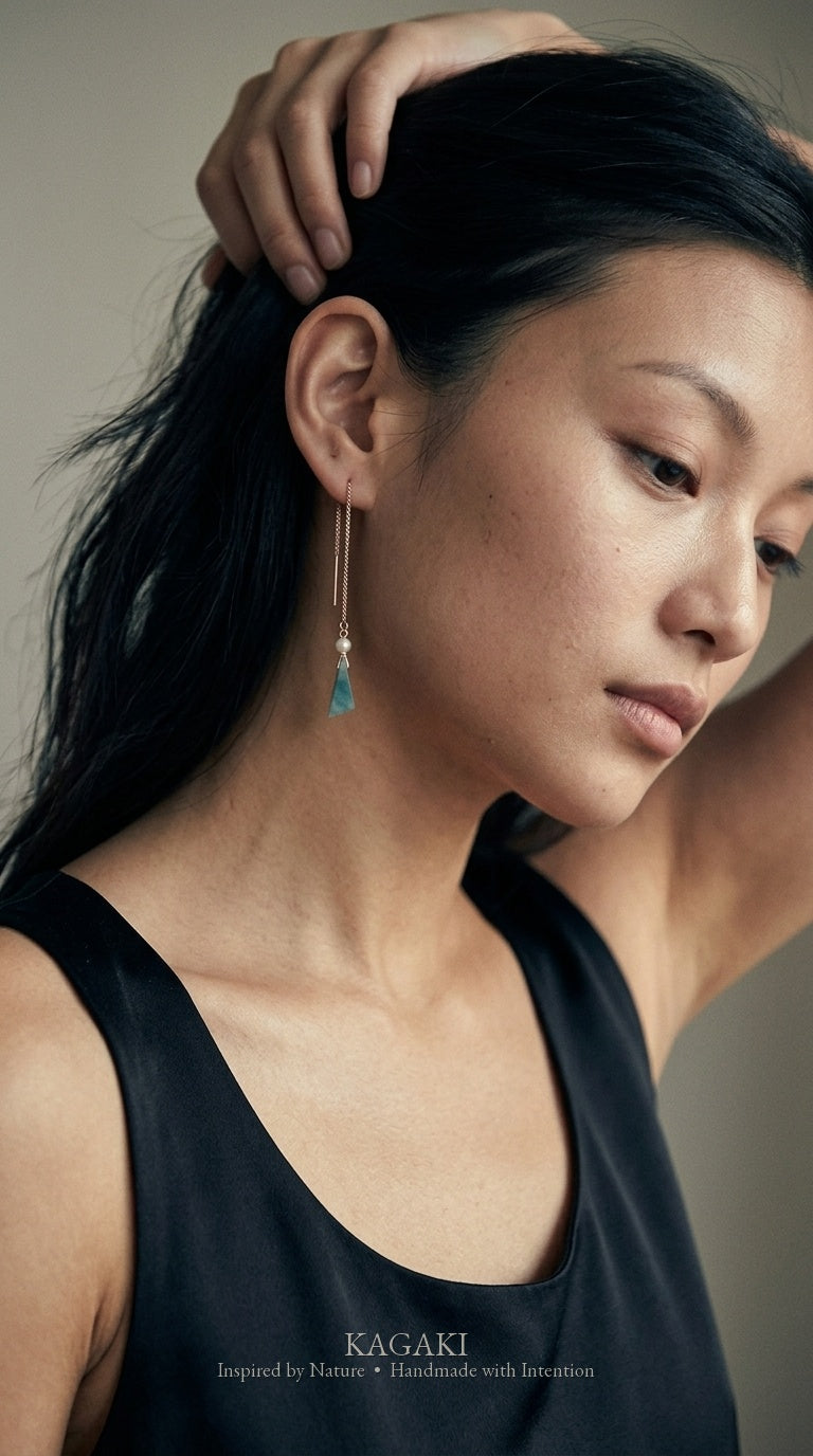 KAGAKI Ripple blue jadeite pearl threader earrings, worn view, handmade threader earrings