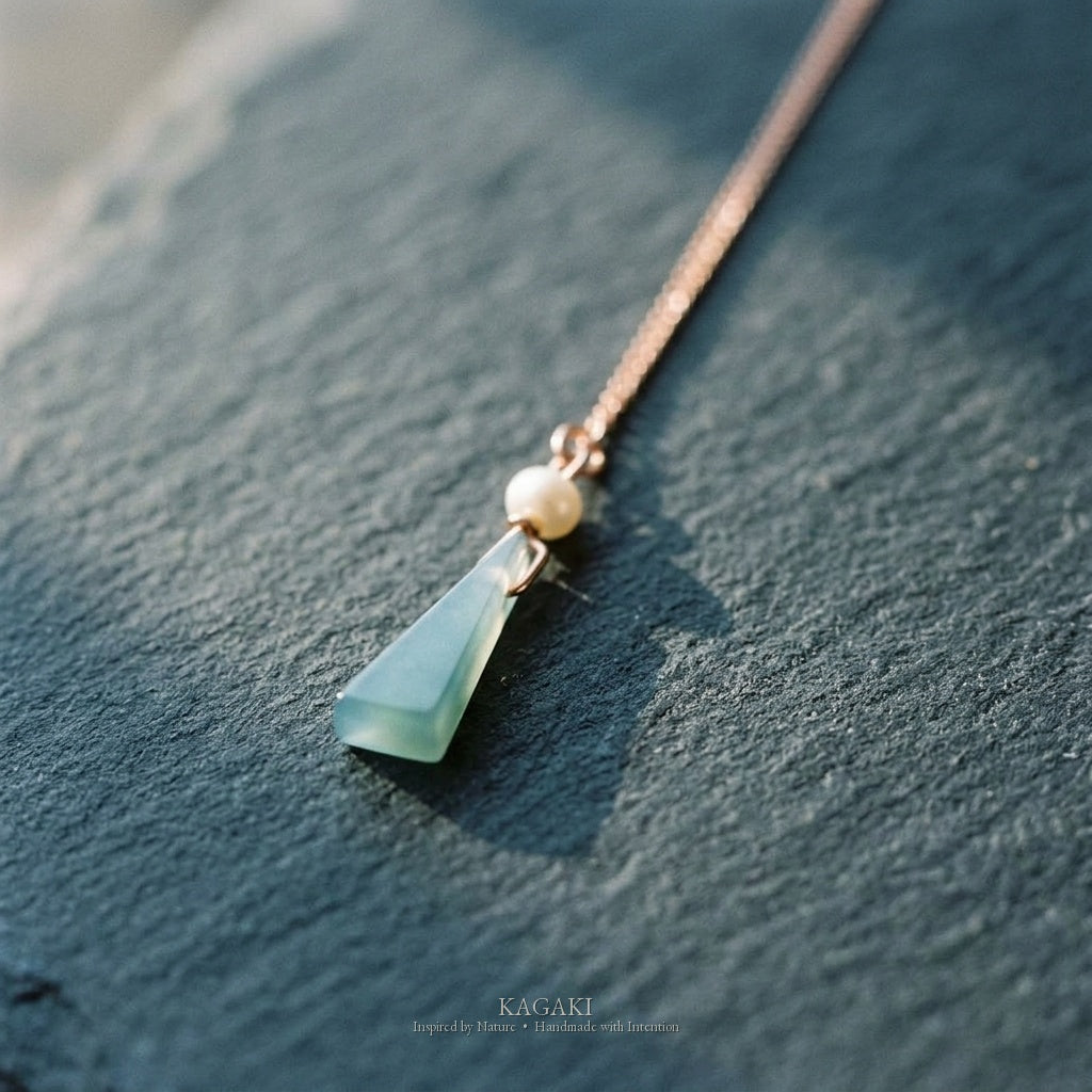 KAGAKI Ripple blue jadeite pearl threader earrings, studio styled view, handmade threader earrings