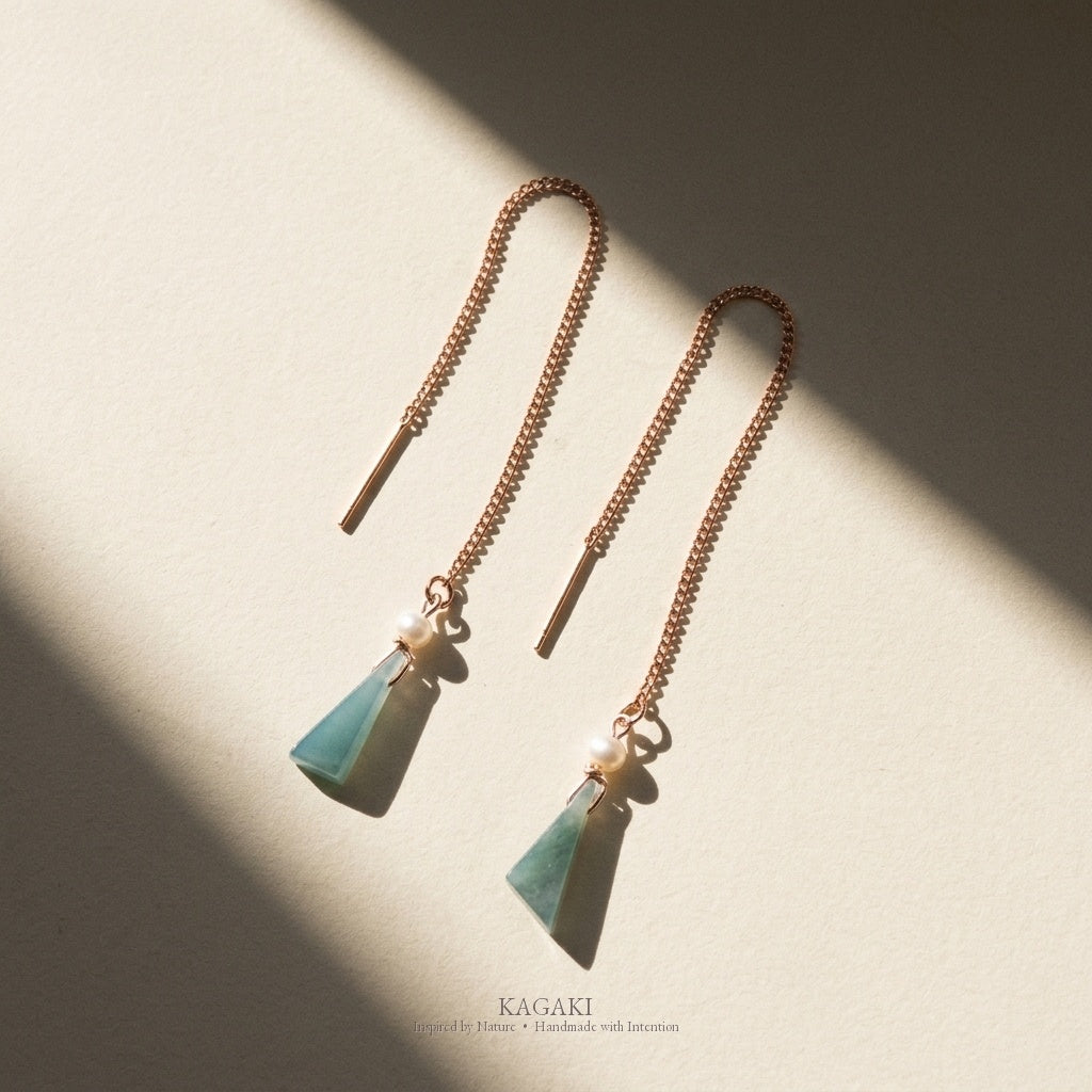 KAGAKI Ripple blue jadeite pearl threader earrings, studio styled view, handmade threader earrings