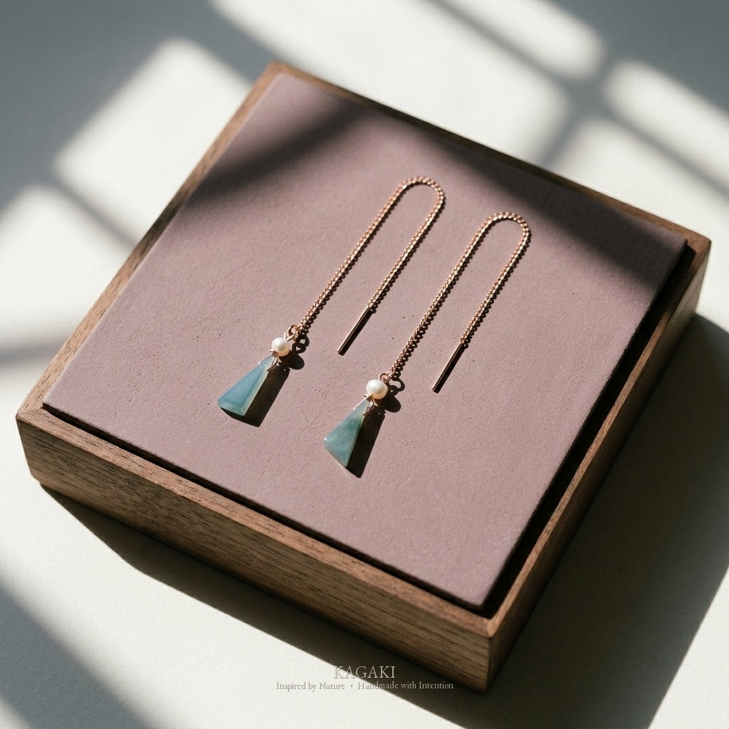 KAGAKI Ripple blue jadeite pearl threader earrings, studio styled view, handmade threader earrings