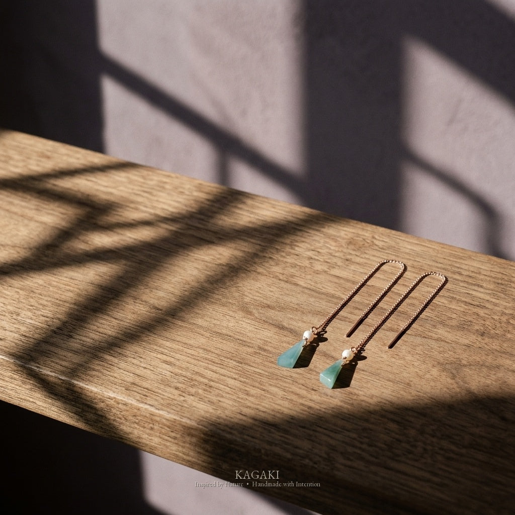 KAGAKI Ripple blue jadeite pearl threader earrings, studio styled view, handmade threader earrings