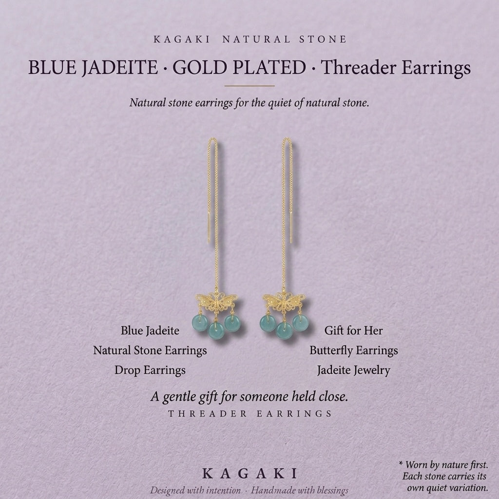 KAGAKI Monarch gold butterfly blue jadeite earrings, editorial text card, handmade butterfly earrings gold