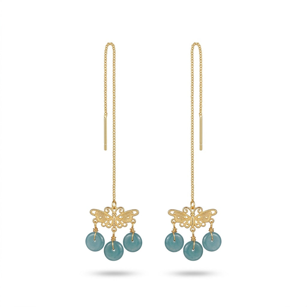 KAGAKI Monarch gold butterfly blue jadeite earrings, white background product view, handmade butterfly earrings gold