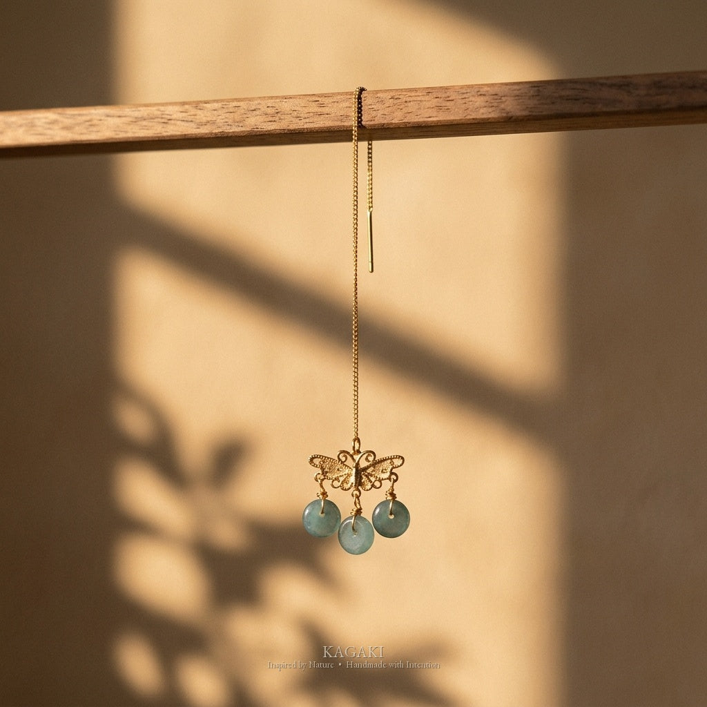 KAGAKI Monarch gold butterfly blue jadeite earrings, studio styled view, handmade butterfly earrings gold
