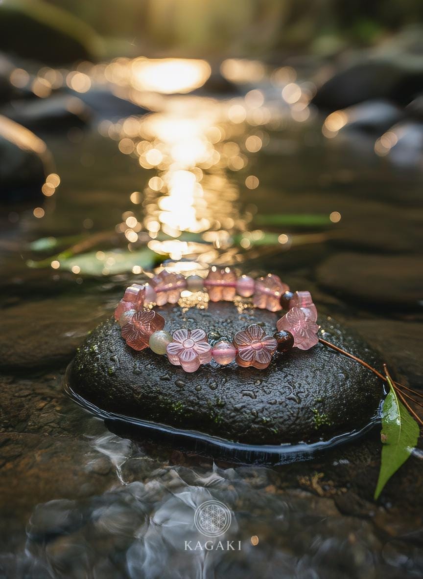 KAGAKI flower agate jade bracelet in flower agate with jade tones, alternate angle, for meditation and daily intention