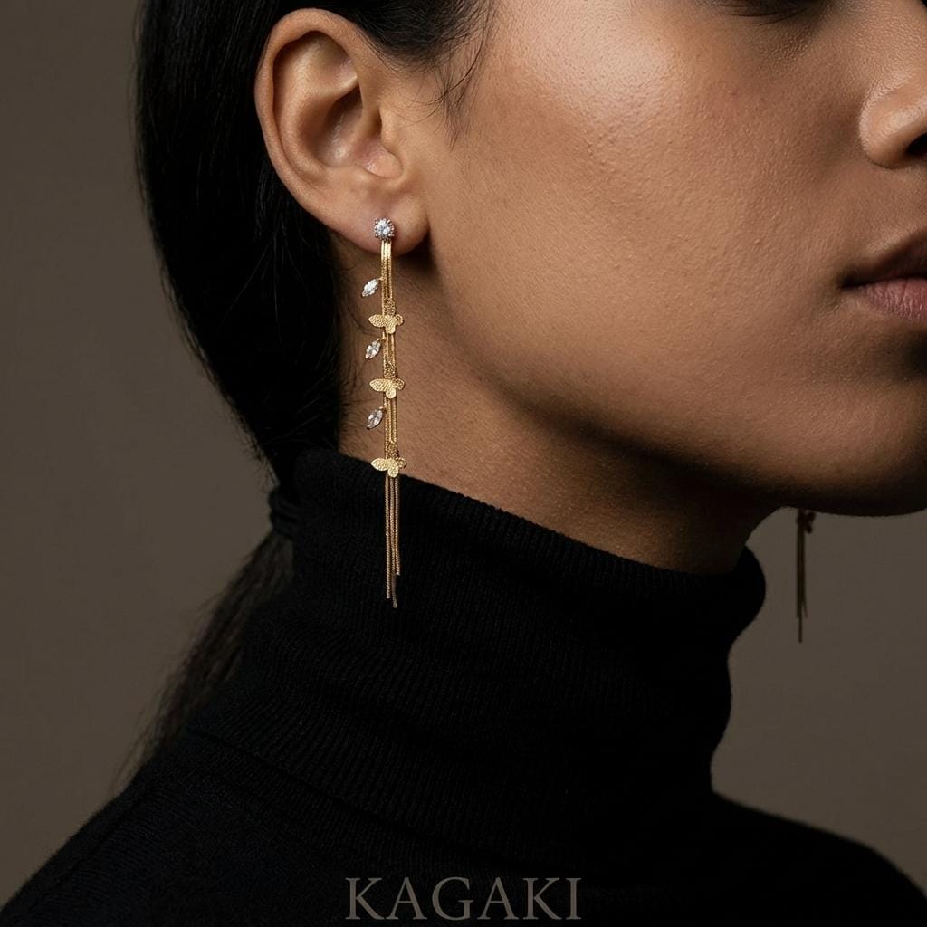 KAGAKI gold crystal drop dangle earrings in gold with crystal, alternate angle, for daily wear and gifting