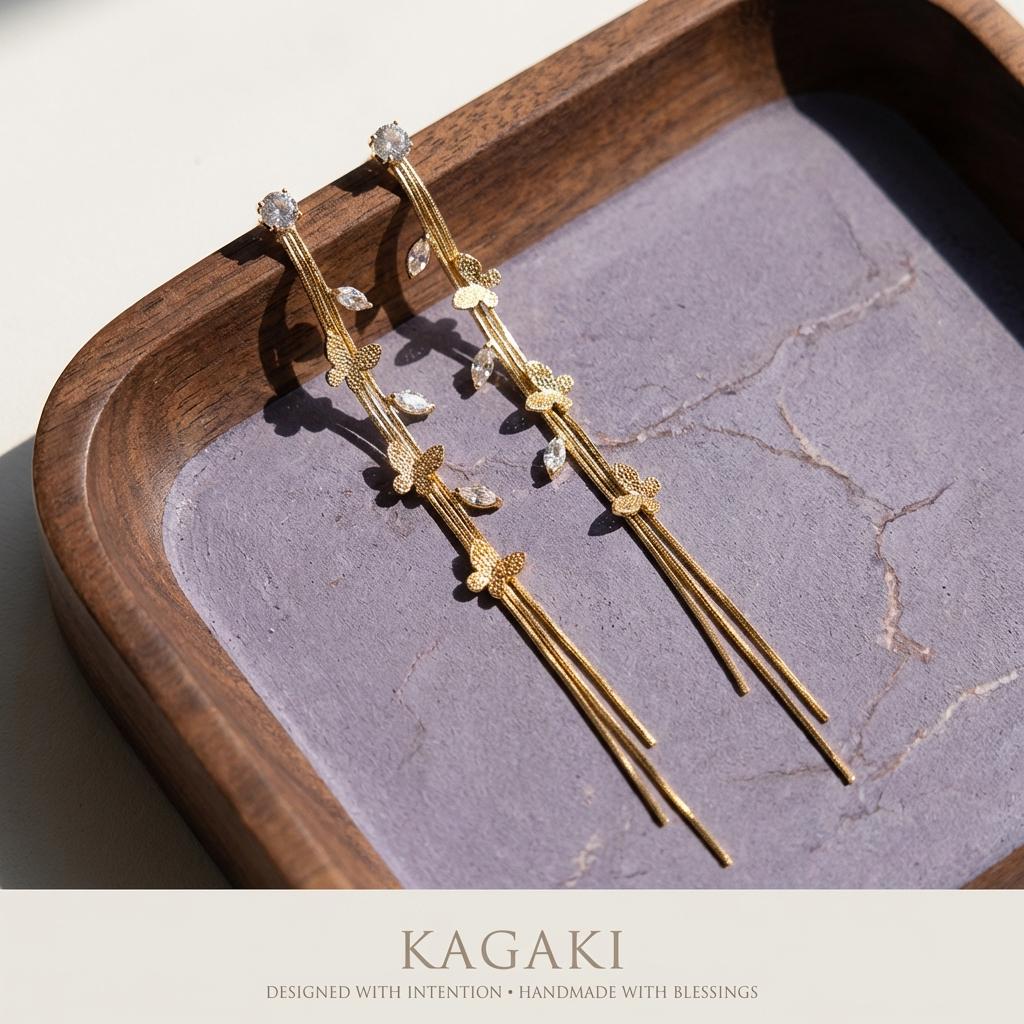 KAGAKI gold crystal drop dangle earrings in gold with crystal, gift packaging, for daily wear and gifting