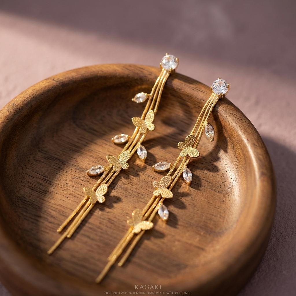 KAGAKI gold crystal drop dangle earrings in gold with crystal, material detail, for daily wear and gifting