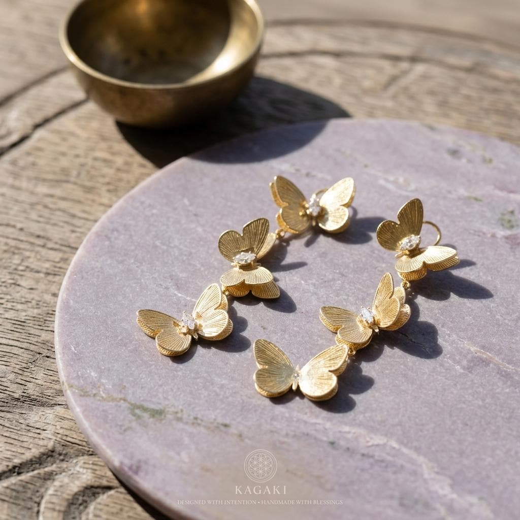 KAGAKI golden butterfly drop earrings in gold, alternate angle, for daily wear and gifting