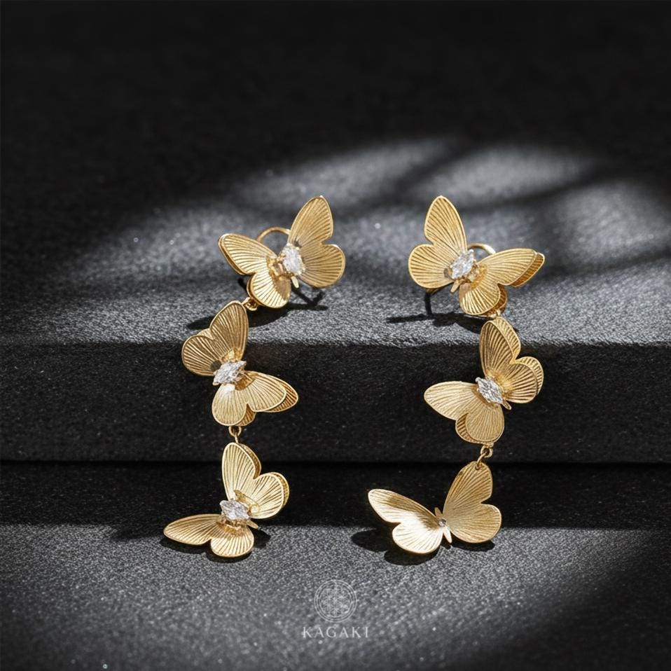 KAGAKI golden butterfly drop earrings in gold, close up, for daily wear and gifting