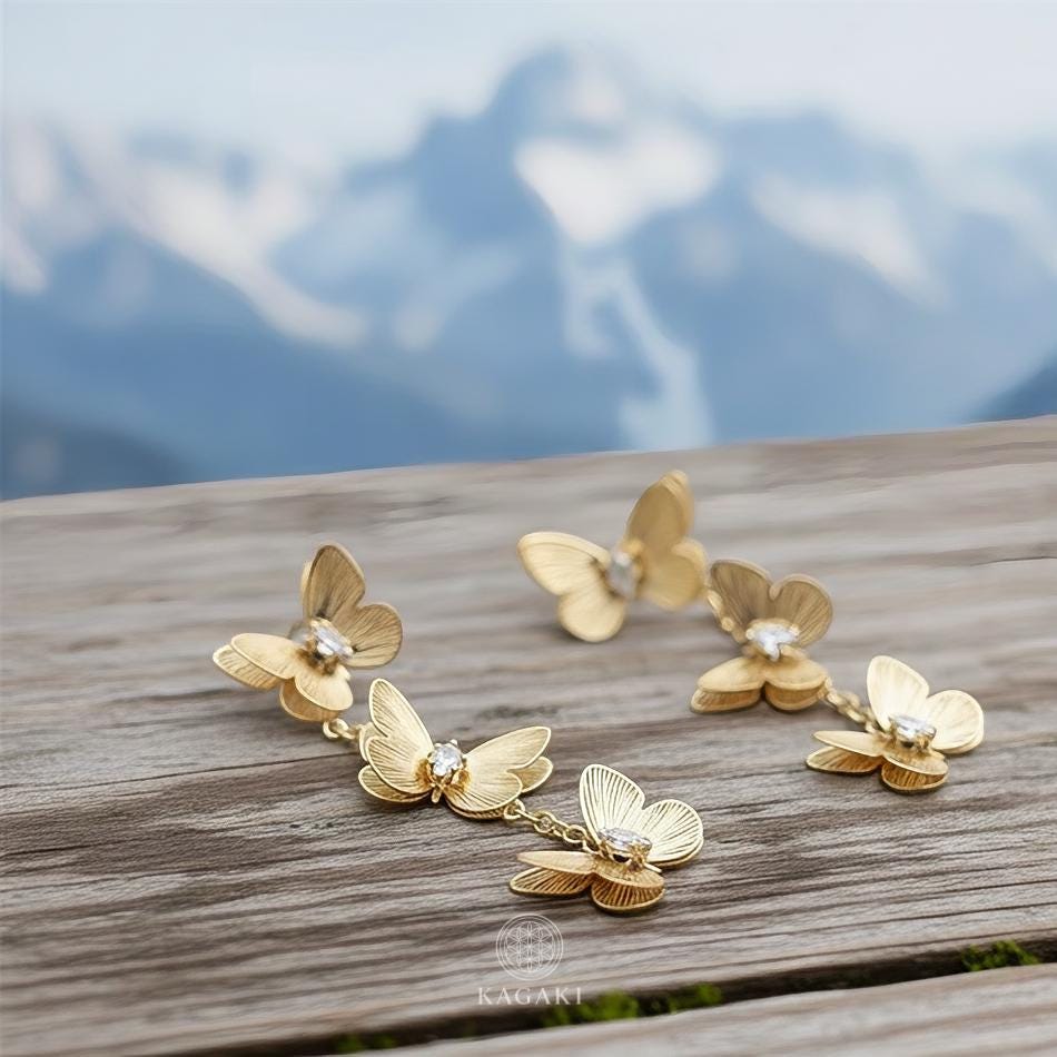 KAGAKI golden butterfly drop earrings in gold, editorial, for daily wear and gifting